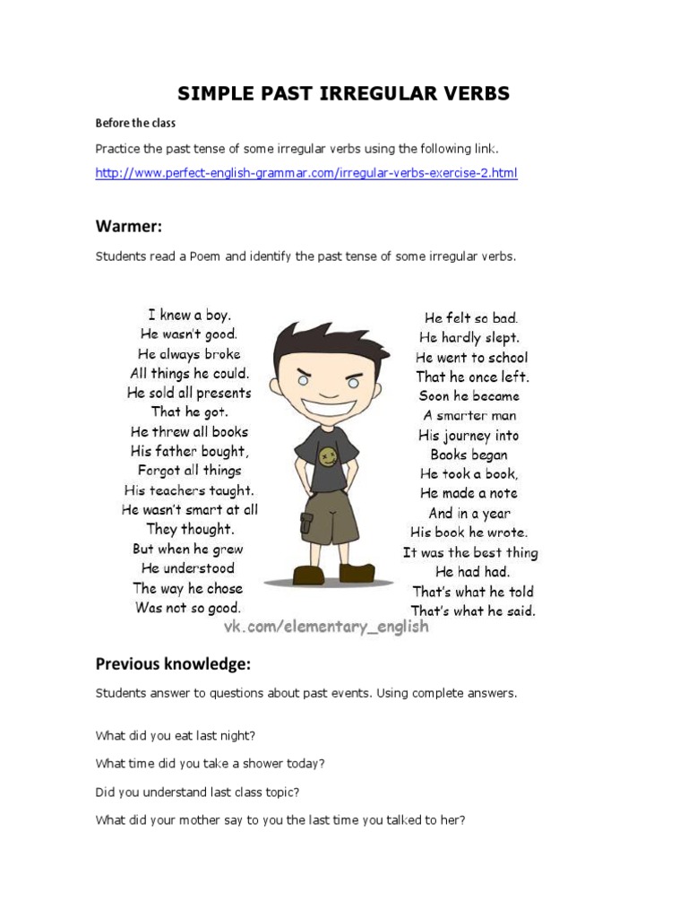 6 Simple Past Irregular Verbs Class Pdf Grammatical Tense Grammatical Conjugation