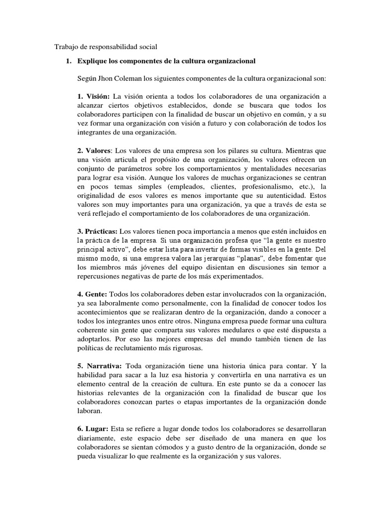 Componentes de la Cultura Organizacional | PDF | Cultura organizacional ...