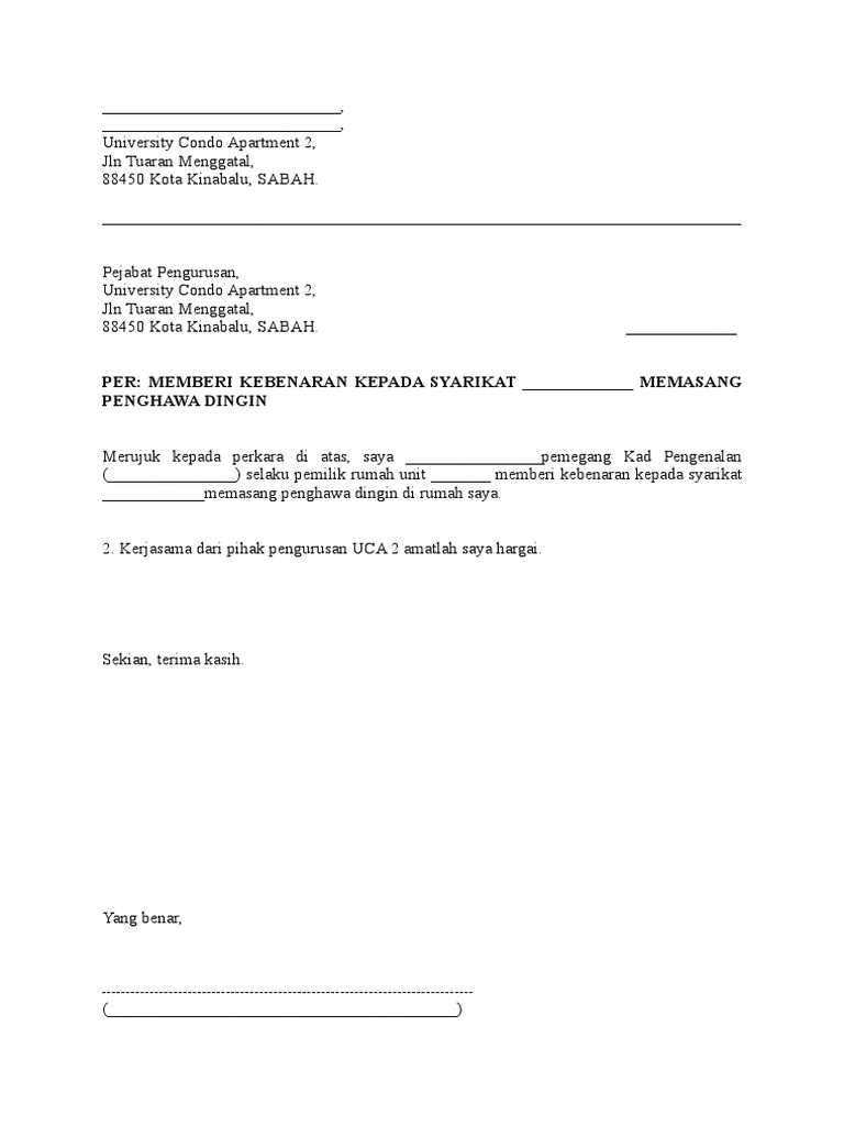 Contoh Surat Minta Kelulusan Aset Penghawa Dingin