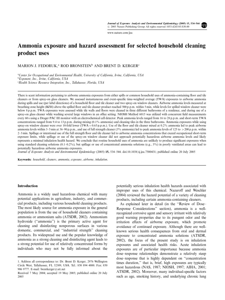 Ammonia Exposure and Hazard Assessment For Selected Household Cleaning