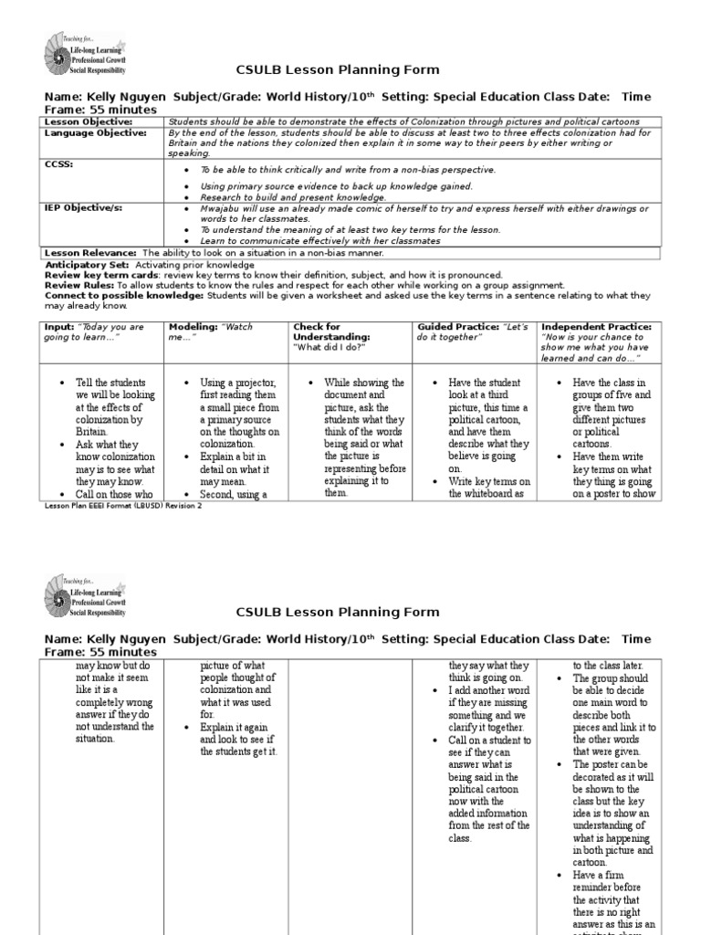 Lesson Plan Format Revised Csulb PDF Lesson Plan Special Education