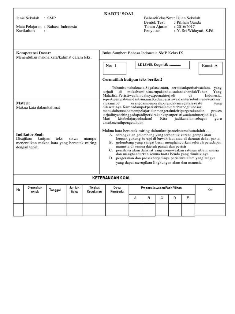 Kartu Soal Bahasa Indonesia Smp Kelas 7 - Jawaban Siswa