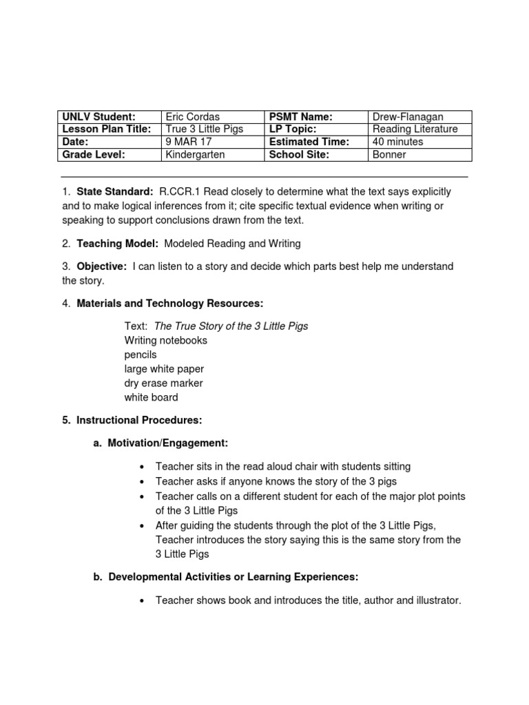 True 3 Little Pigs LP | PDF | Lesson Plan | Teachers