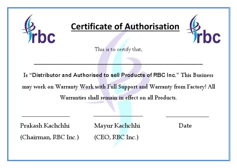 RBC Inc. Distributor Authorization Certificate | PDF