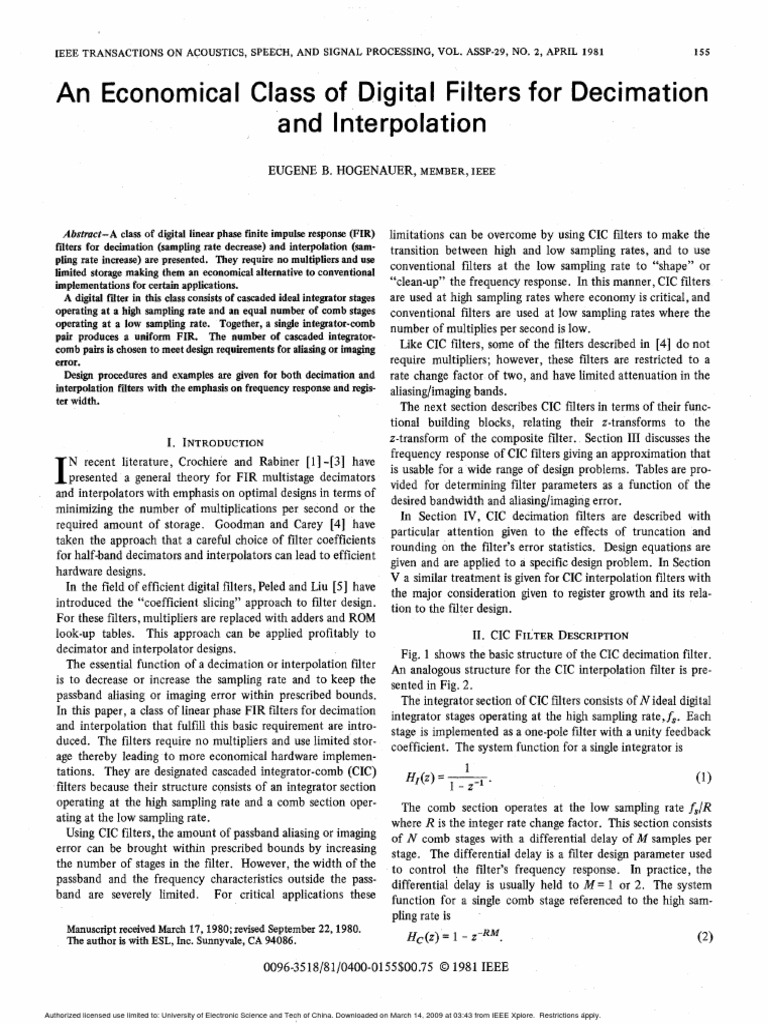 Cascaded Integrator Comb Digital Filters Paper Hogenauer PDF