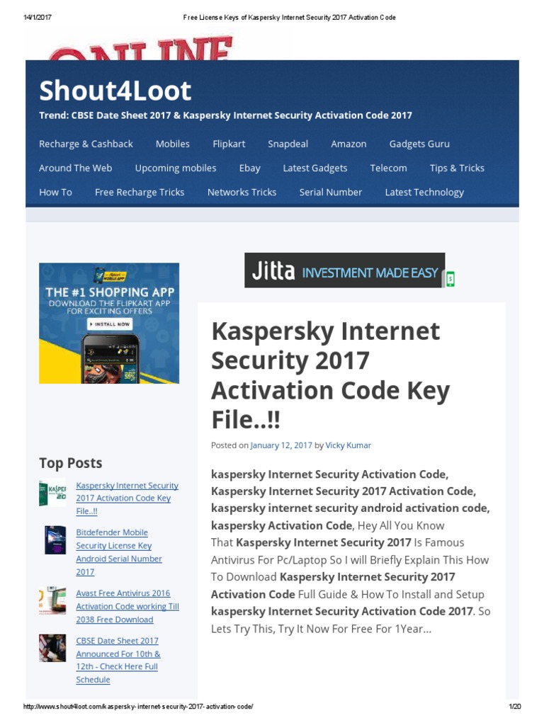 Free License Keys Of Kaspersky Internet Security 2017 Activation.