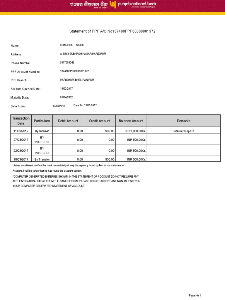 PPF Account Statement for Chanchal Singh | PDF | Business | Finance ...