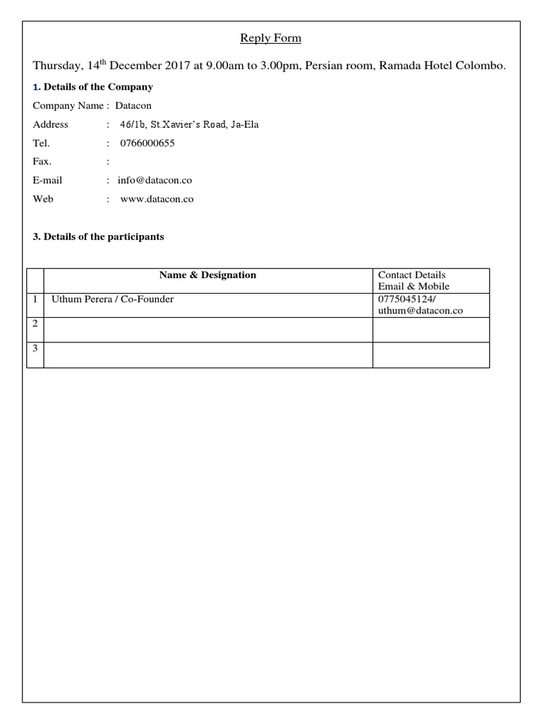 Reply Form Thursday, 14 December 2017 at 9.00am To 3.00pm, Persian Room ...