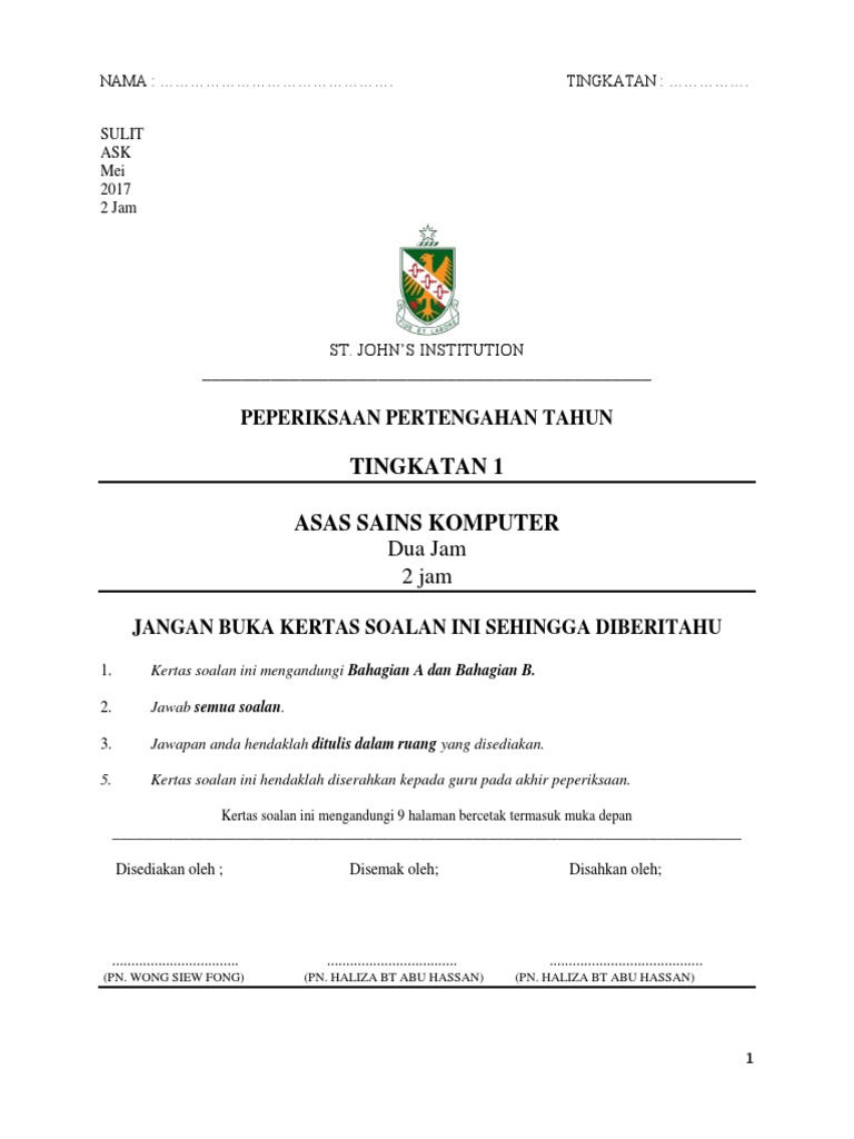 Peperiksaan Pertengahan Tahun Ask Tingkatan 1 Pdf