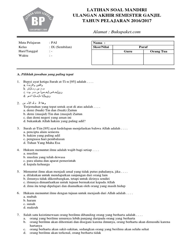 Latihan Soal UAS PAI Kelas 9 Semester ganjil.pdf