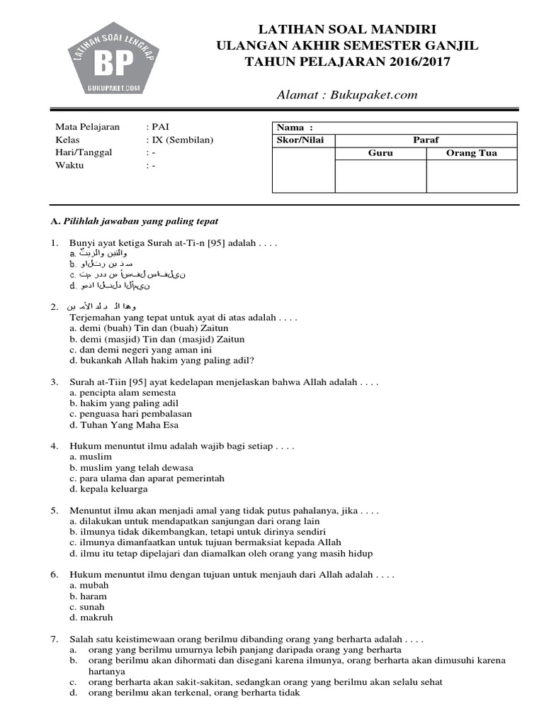 Soal Uas Pai Kelas 9 Lengkap