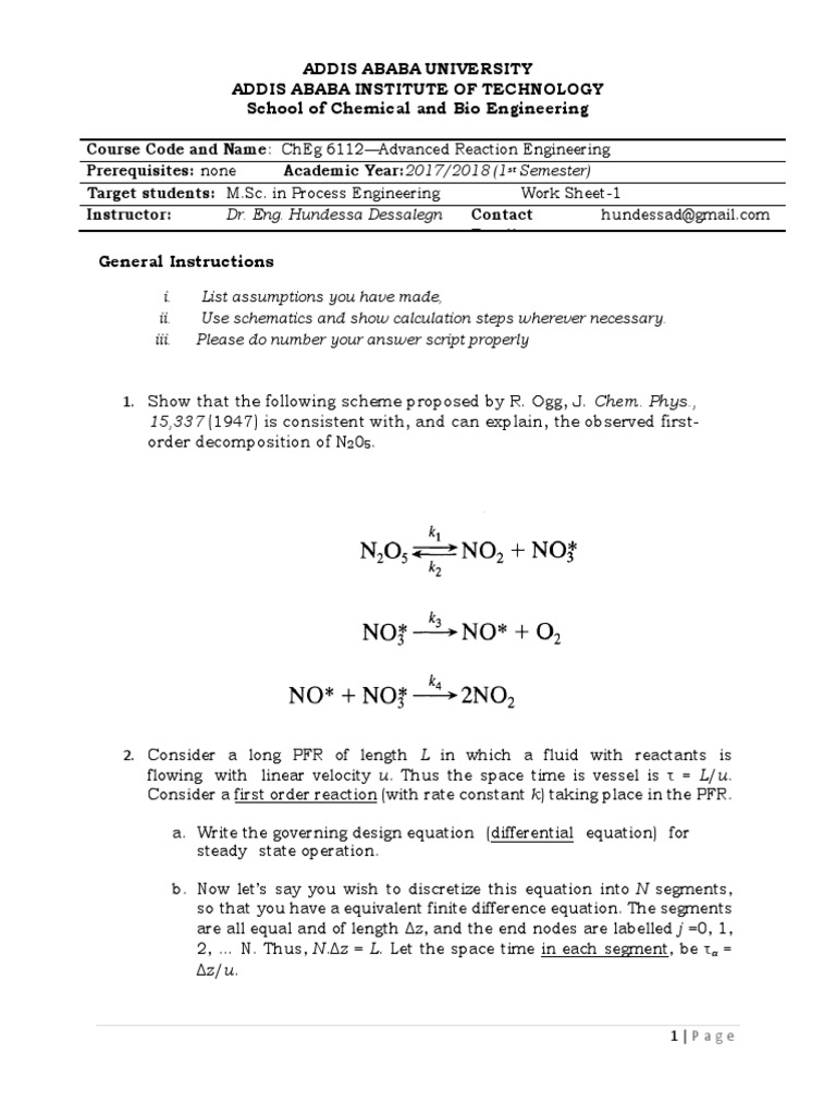 Advanced Reaction Engineering Worksheet | PDF | Equations | Applied ...