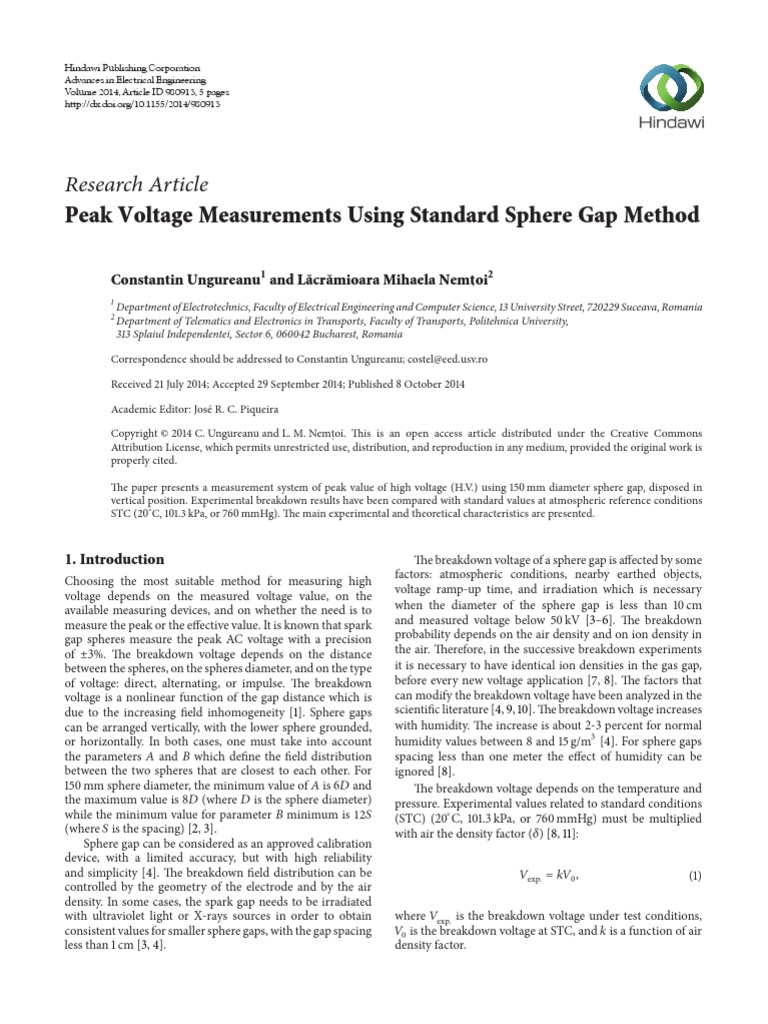 Peak Voltage Measurements Using Standard Sphere Gap Method | PDF ...