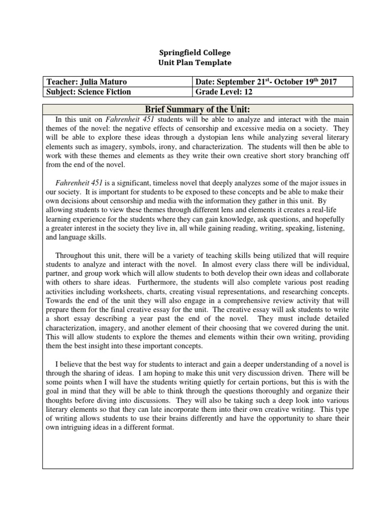 Fahrenheit 451 Unit Plan for Seniors | PDF | Dystopia | Censorship