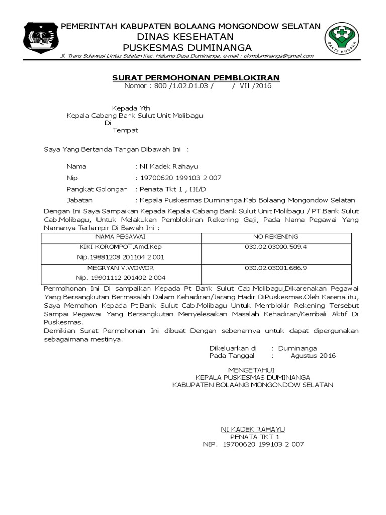 Surat Pemblokiran Rek Gaji