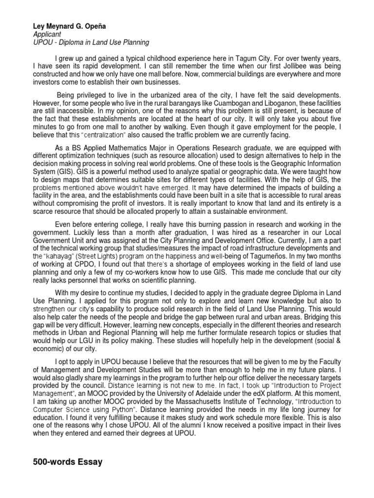 Applicant UPOU Diploma in Land Use Planning Ley Meynard G. Opeña