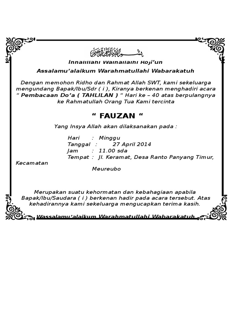 52 Contoh Undangan Tahlilan Gratis Terbaru