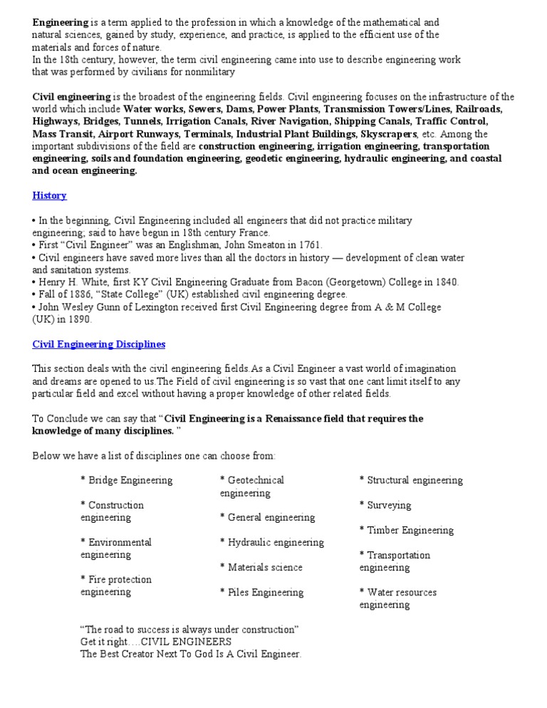 Overview of Civil Engineering Fields | PDF | Civil Engineering ...