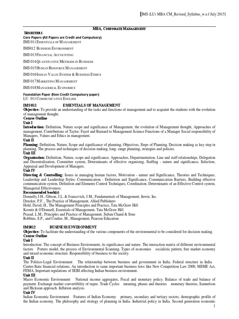 MBA Corporate Management Syllabus | PDF | Consumer Behaviour | Marketing