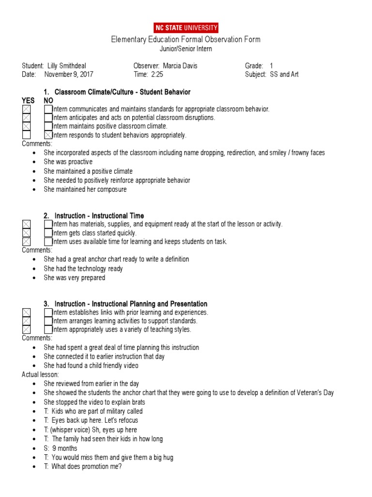 Elementary Education Observation Report | PDF | Classroom Management ...