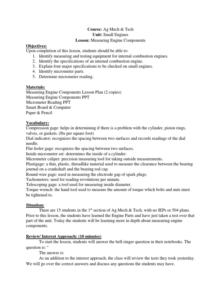 Measuring Engine Components Lesson Plan | PDF | Internal Combustion ...