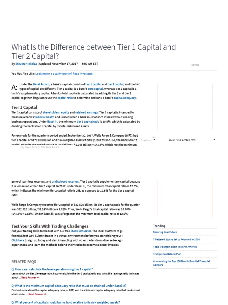 What is the difference between tier 1 capital and tier 2 capital