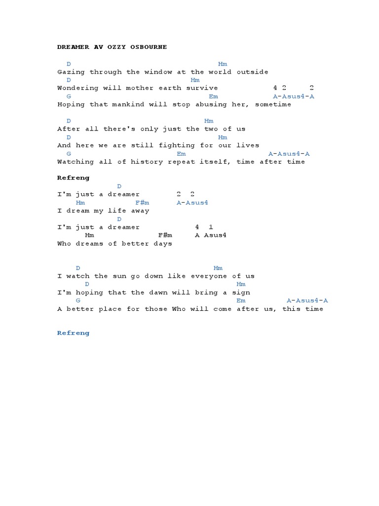 ozzy osbourne chords dreamer