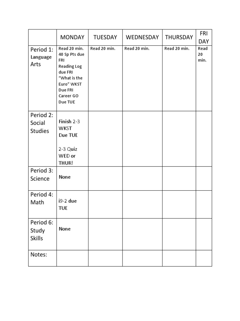 Monday Tuesday Wednesday Thursday FRI DAY Period 1: Arts: Language | PDF
