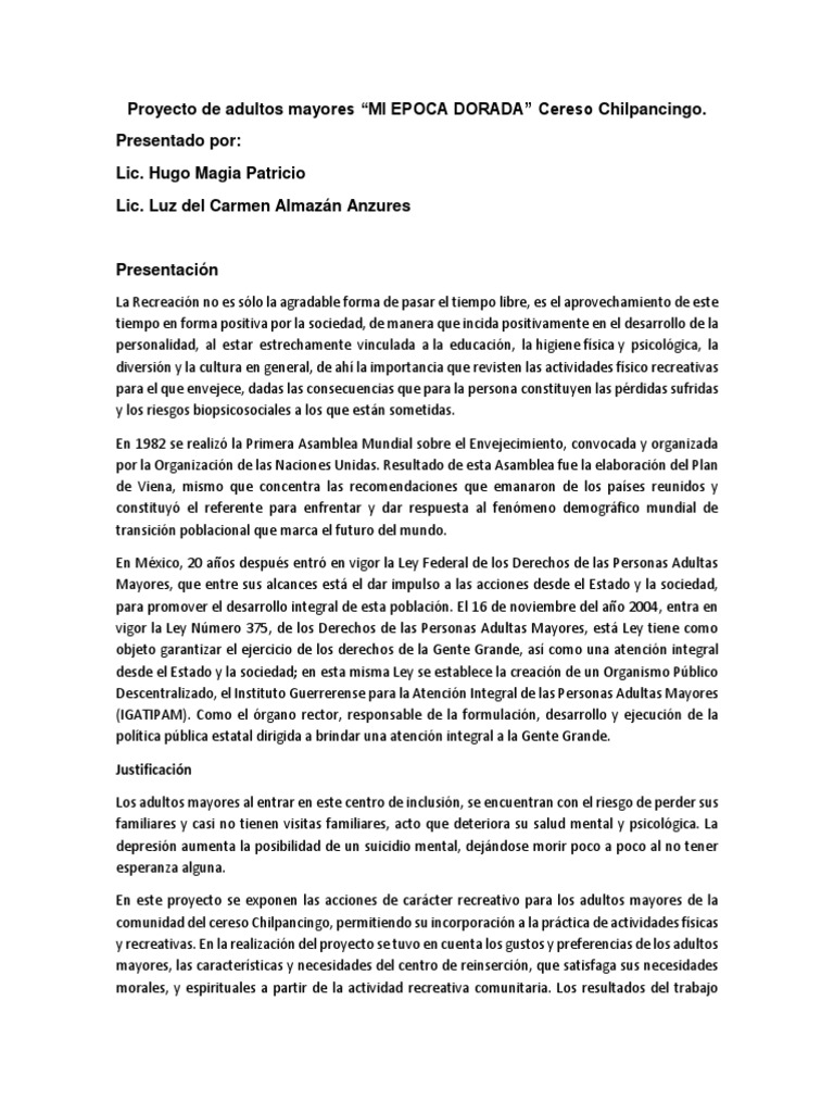 Proyecto de Adultos Mayores Cereso Chilpancigo. | PDF | Vejez | Adultos