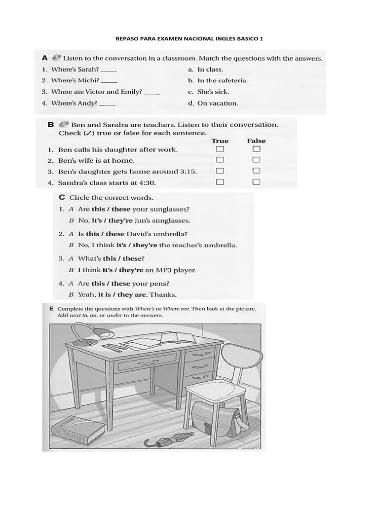 Repaso para Examen Nacional Ingles Basico 1 | PDF