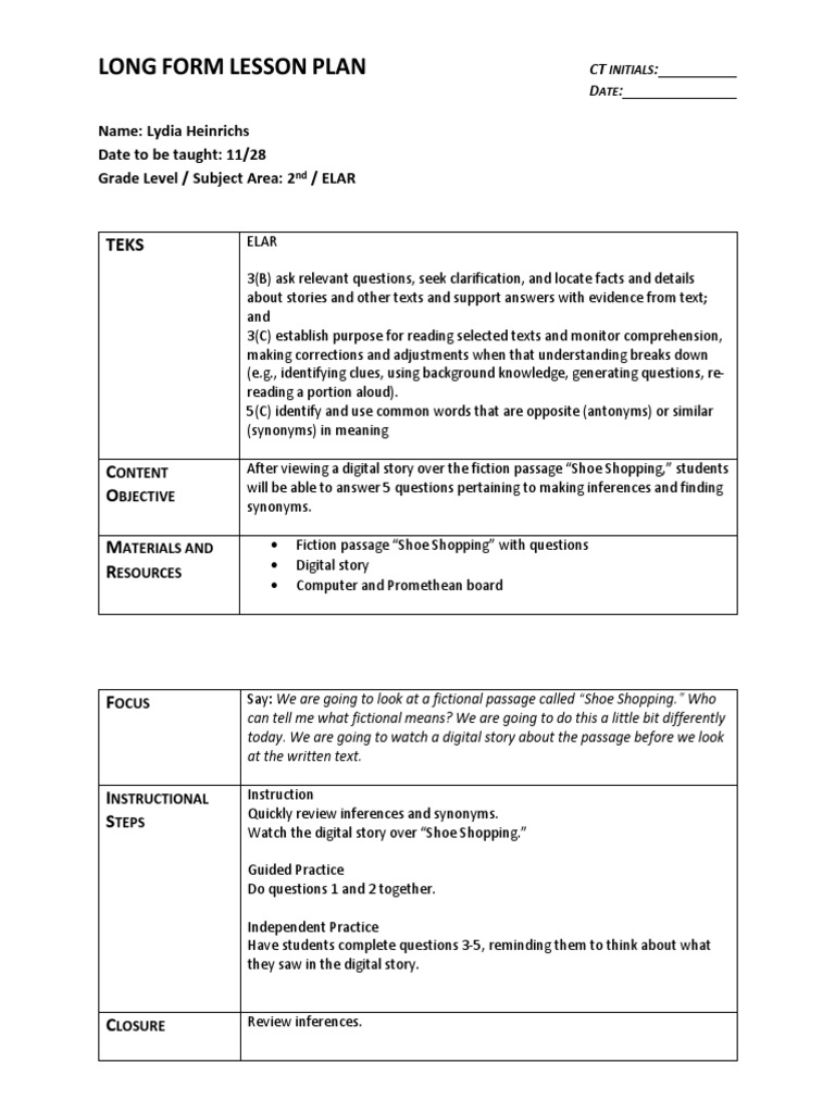 Long Form Lesson Plan: Name: Lydia Heinrichs Date To Be Taught: 11/28 ...