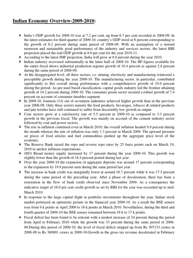 Indian Economy Overview-2009-2010 | PDF | Economic Growth | Cement