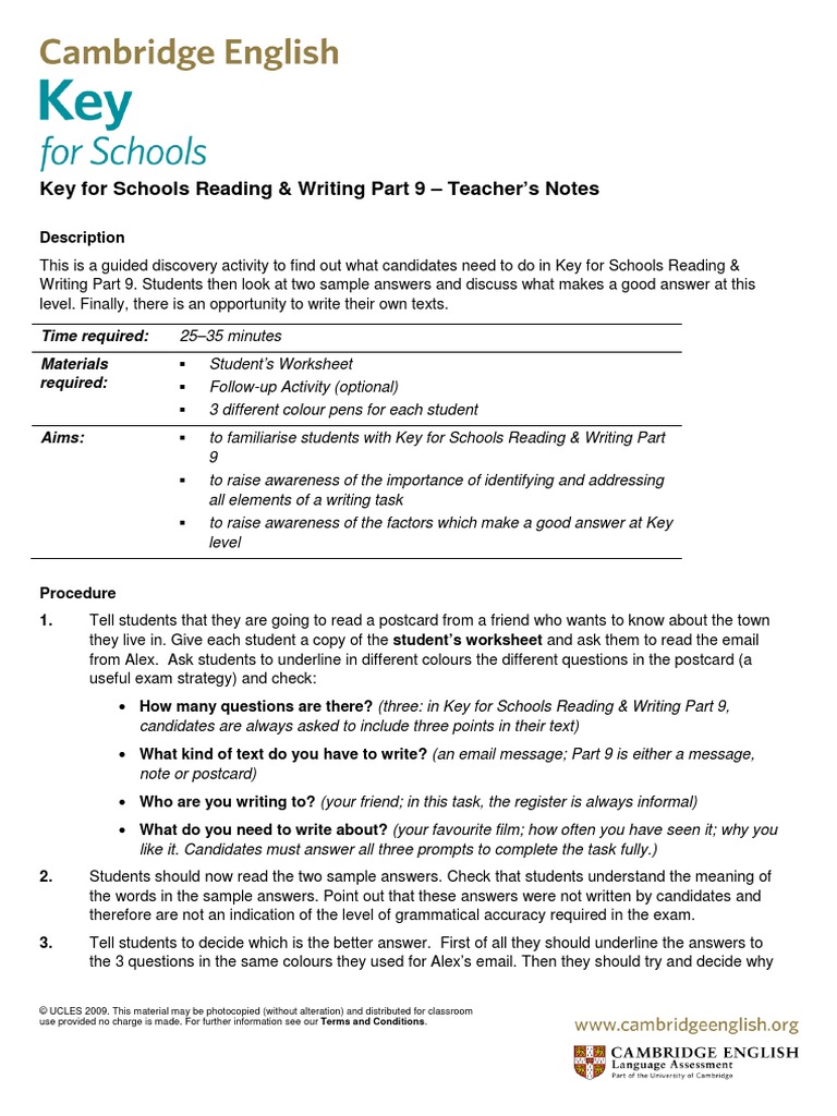 Cambridge English Key For Schools Ket For Schools Reading and Writing ...