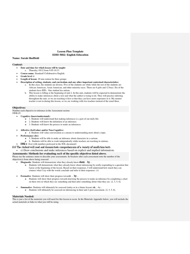 6th Grade Inference Lesson Plan | PDF | Educational Assessment | Lesson ...