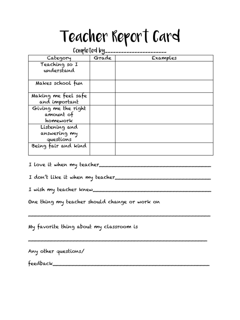 Teacher Report Card Completed by PDF Learning Behavior Modification