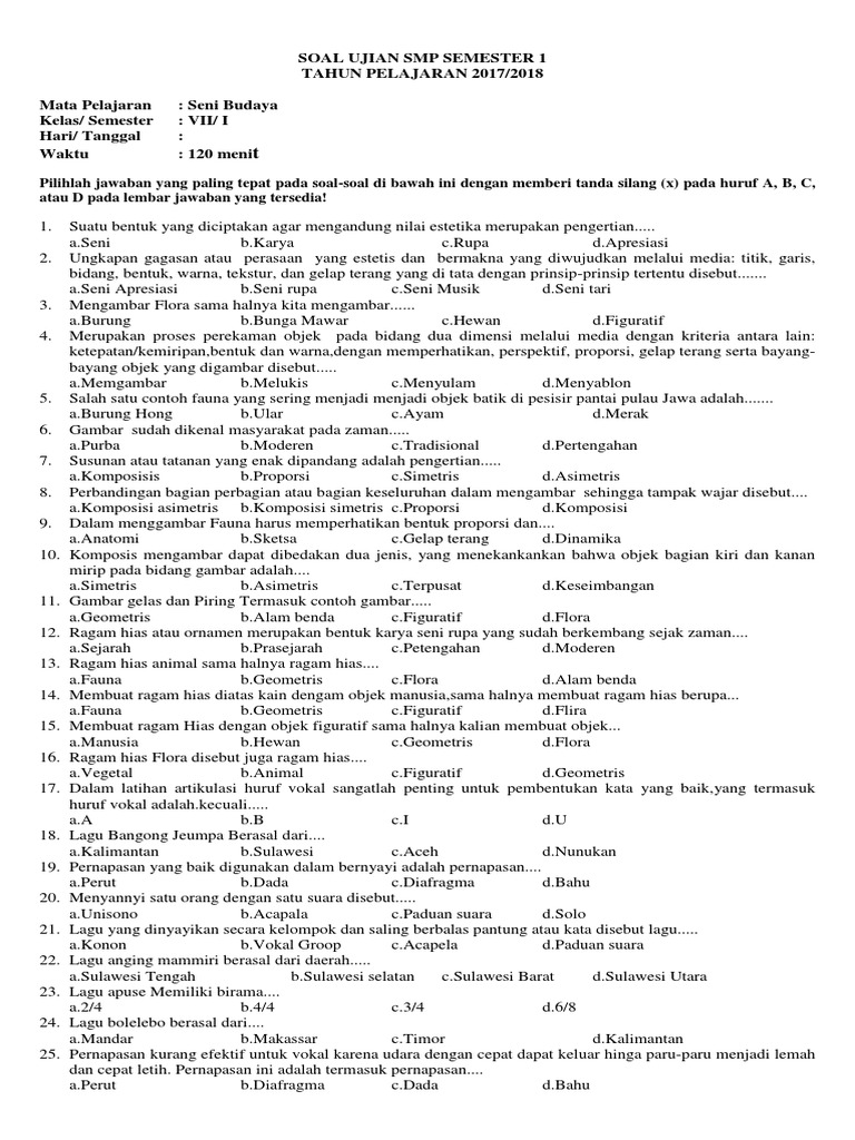              Kumpulan Soal Penilaian Akhir Semester  Contoh Soal Uas Seni Budaya Kelas 7 Semester 1 K13