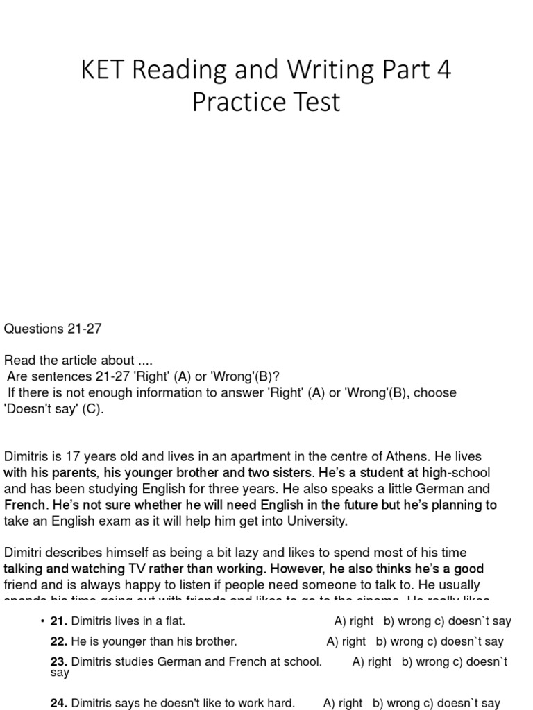 KET Reading and Writing Part 4 Practice Test