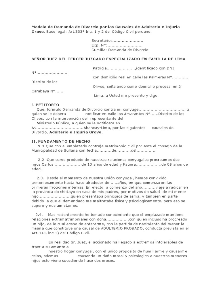 Modelo de Demanda de Divorcio Por Las Causales de Adulterio e Injuria