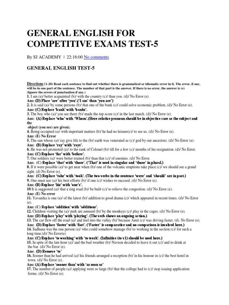 General English For Competitive Exams Test PDF Onomastics Grammar