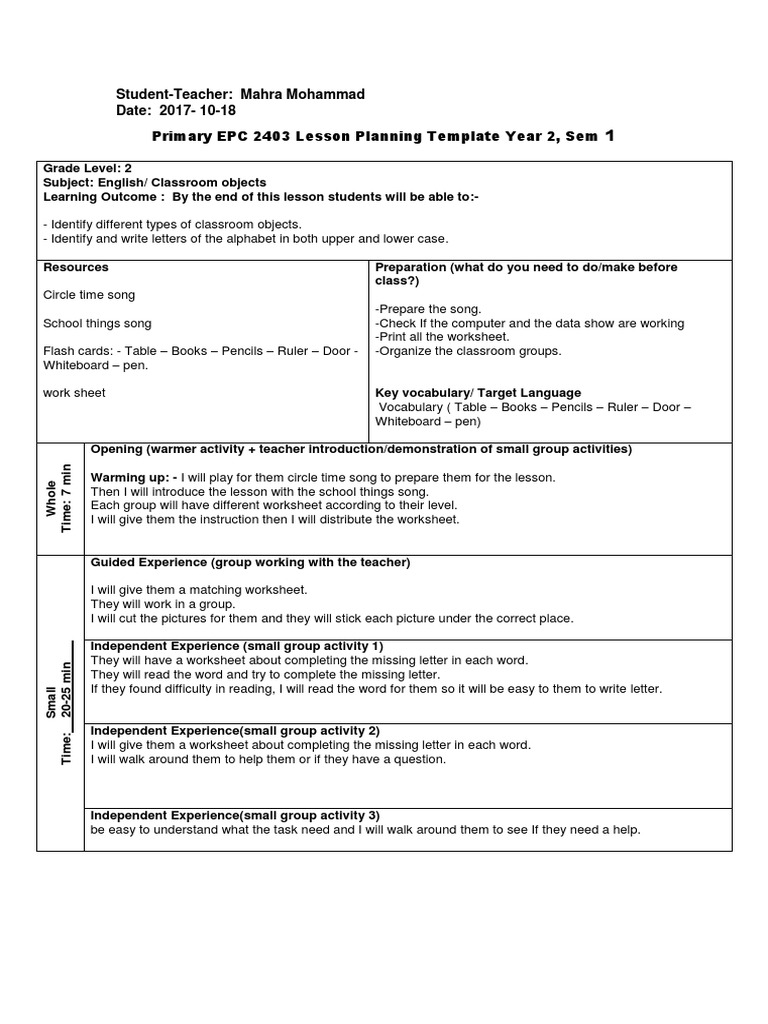Classroom Object Lesson Plan 1 | PDF | Classroom | Lesson Plan