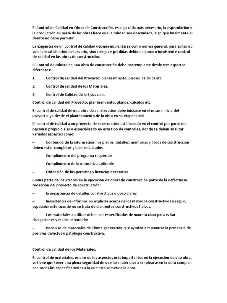 El Control de Calidad en Obras de Construcción | PDF | Calidad ...