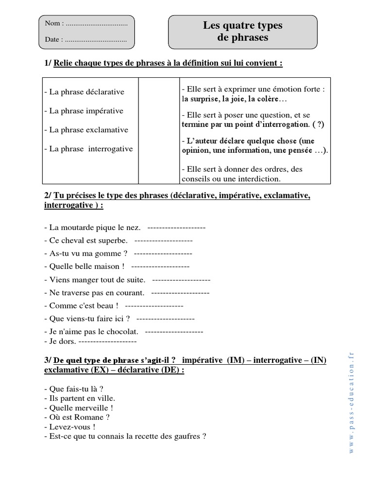Exercices Sur Les Types De Phrases Cm1