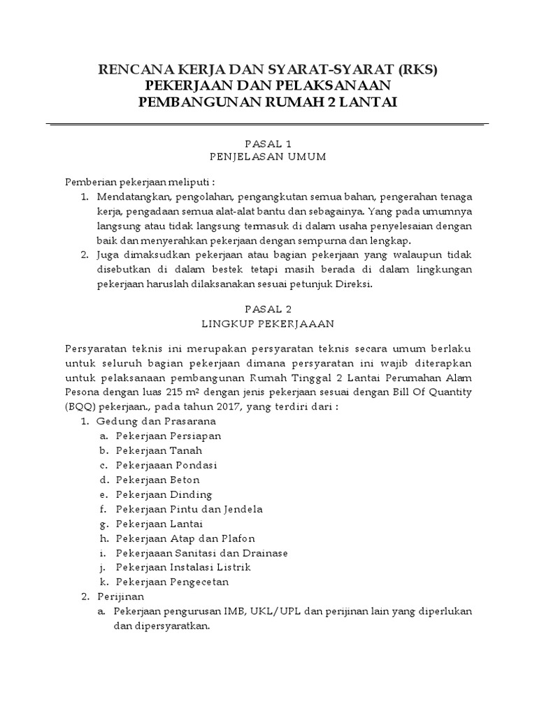 RKS Pembangunan Rumah 2 Lantai | PDF