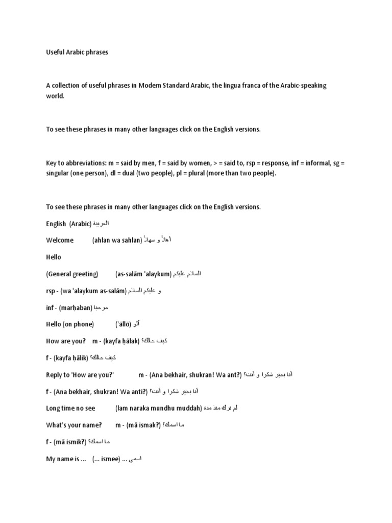Useful Arabic Phrases | PDF | Languages Of Asia