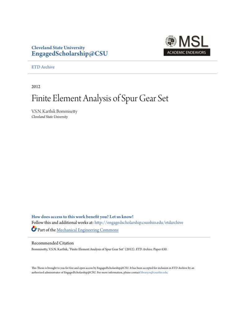 Finite Element Analysis of Spur Gear Set PDF | PDF | Gear | Bending