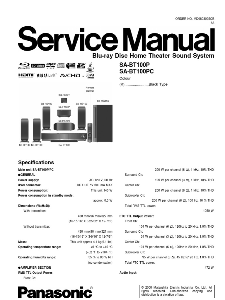Service (Repair) Manual for Panasonic SA-BT100P
