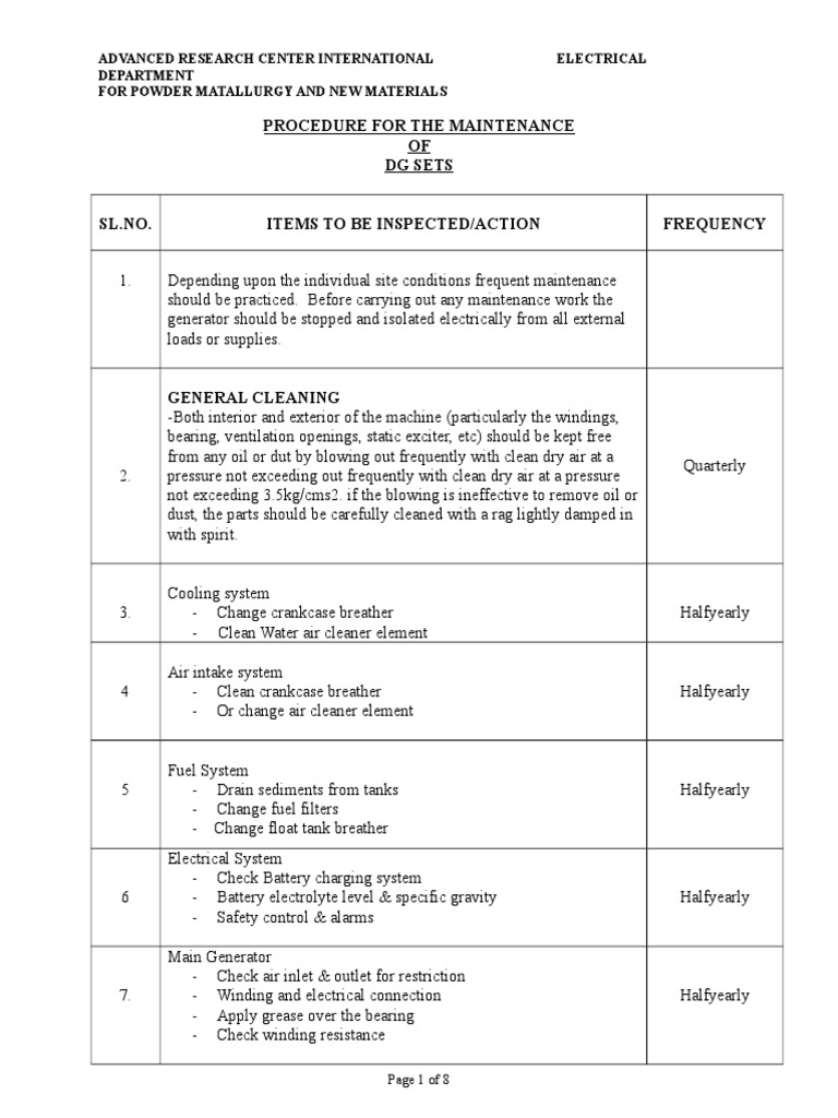 DG Set Maintenance Procedure Guide | PDF | Bearing (Mechanical ...