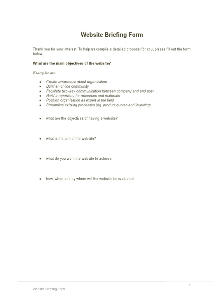 Website Briefing Form What Are The Main Objectives Of The Website Websites Digital Social Media