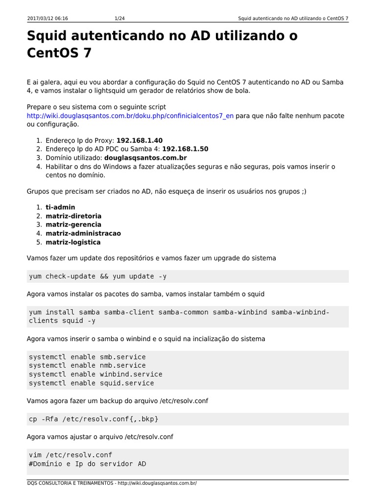 Squid Autenticando No Ad Utilizando o Centos 7 | PDF | Sistema de Nomes ...
