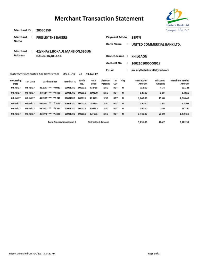 Merchant Transaction Statement Example | PDF